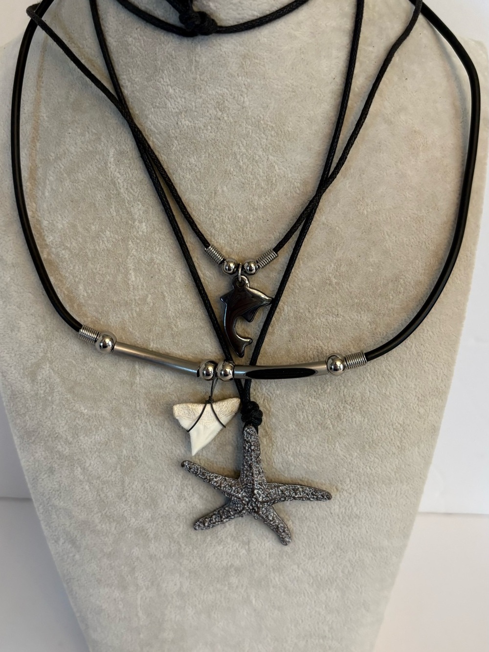 Ocean Necklace Set Starfish Shark Tooth Dolphin Black Cord Set of 3
